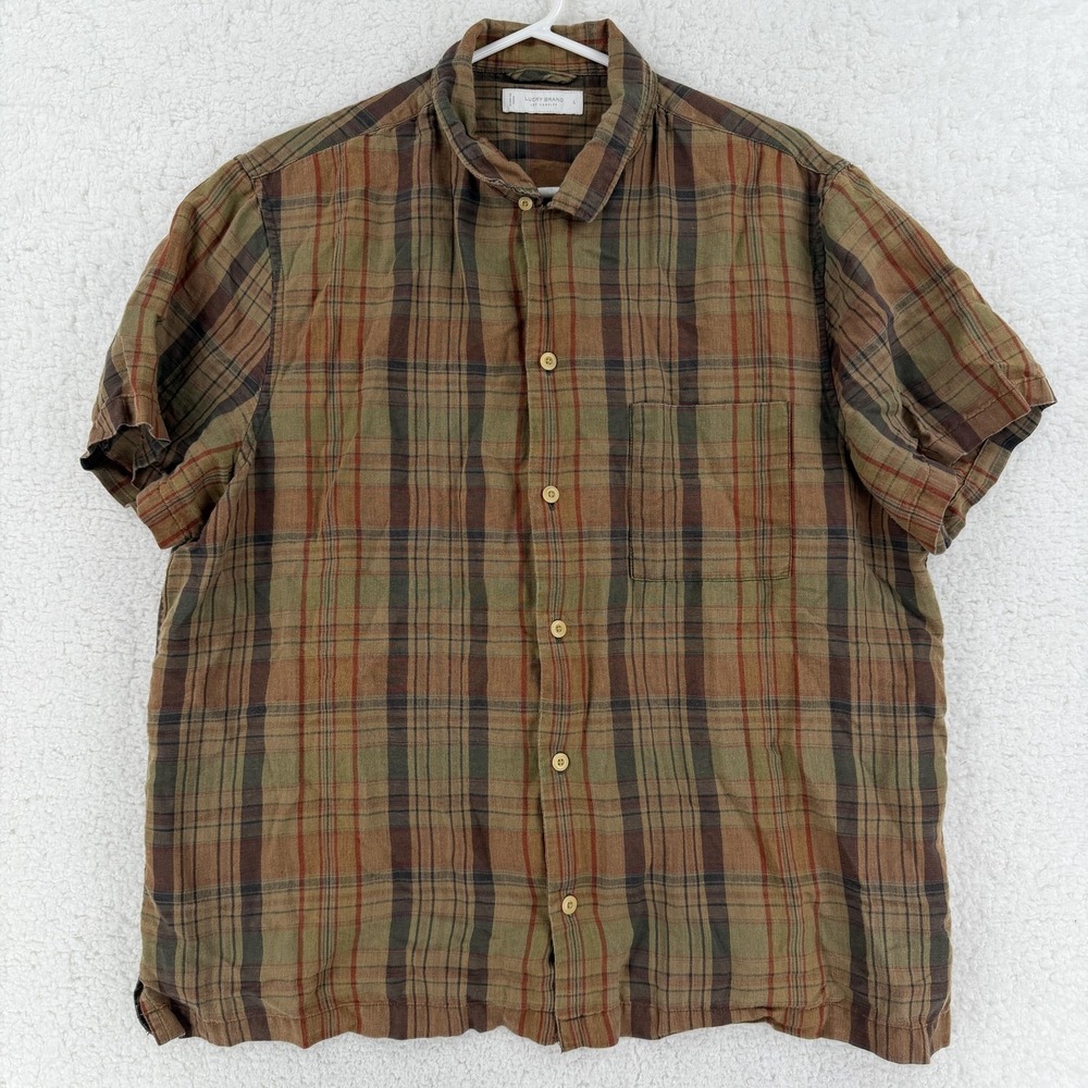 Lucky Brand Shirt Mens 2XL Brown Plaid Linen Short‎ Sleeve Button Up Band Collar